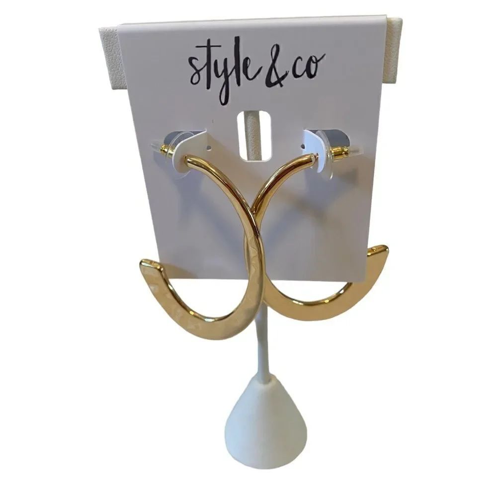 Style & Co. Bright Hammered Gold Toned Large Oval Open Hoops.